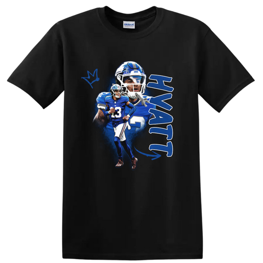 Jalin Hyatt New York Giants football action collage with number 13 and blue paint splashes on a Black T Shirt