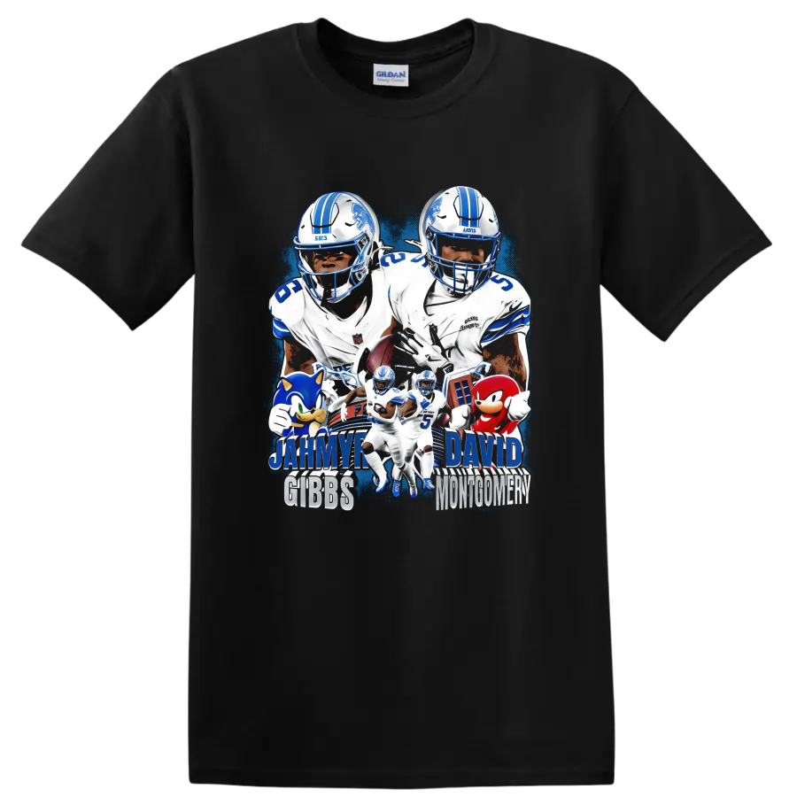 Jahmyr Gibbs and David Montgomery Detroit Lions football collage with blue action effects on a Black T Shirt