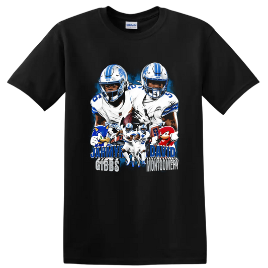 Jahmyr Gibbs and David Montgomery Detroit Lions football collage with blue action effects on a Black T Shirt