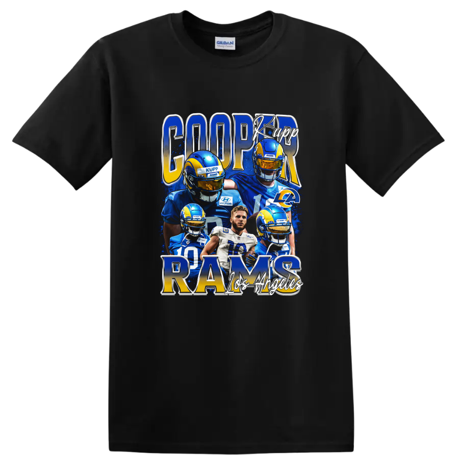 Cooper Kupp Rams football player collage with blue and gold metallic lettering on a Black T Shirt