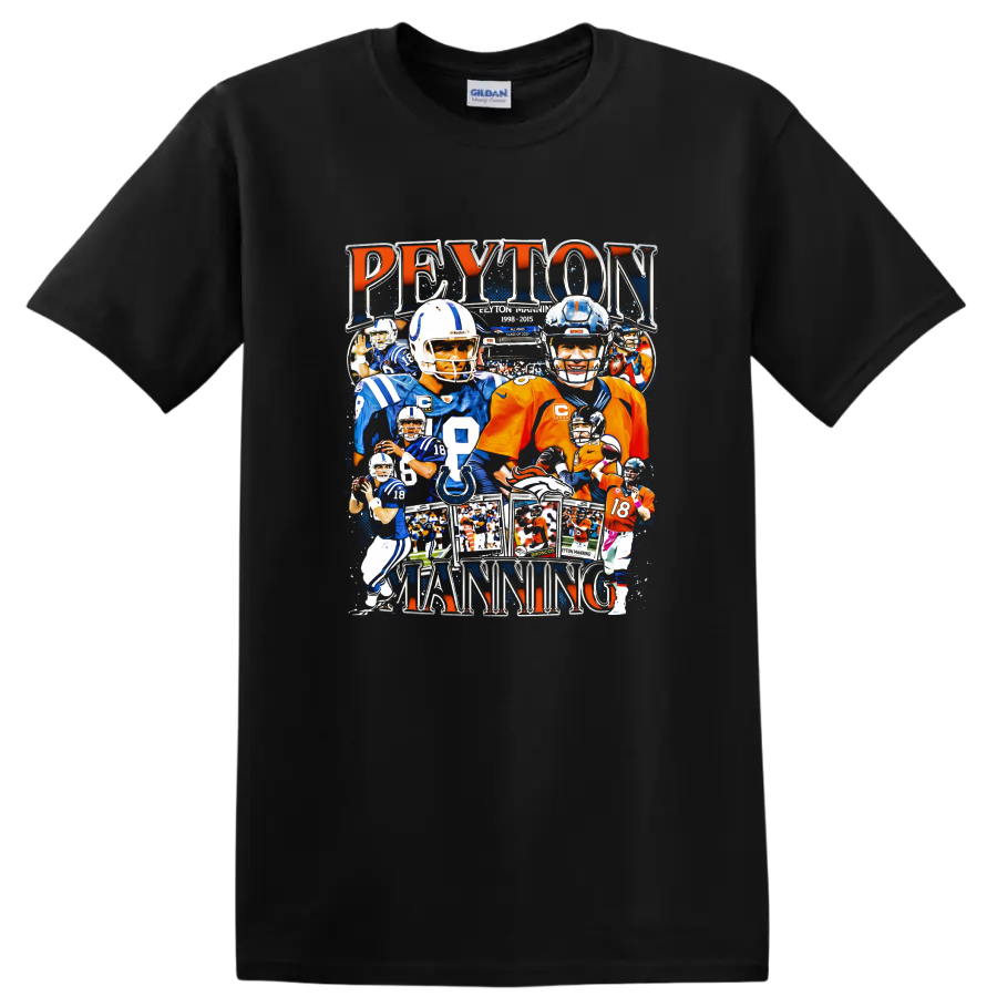 Peyton Manning Colts and Broncos football collage with bold Peyton Manning lettering on a Black T Shirt