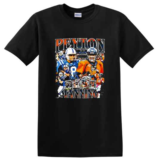 Peyton Manning Colts and Broncos football collage with bold Peyton Manning lettering on a Black T Shirt