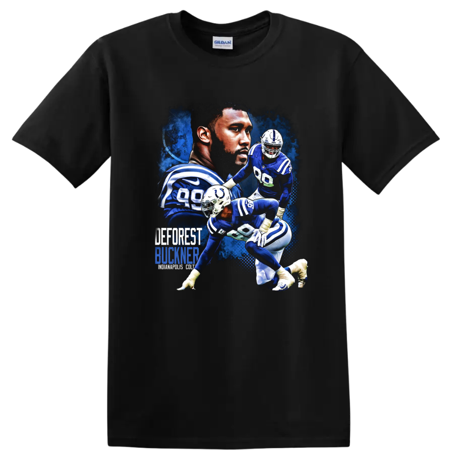DeForest Buckner Indianapolis Colts defensive action collage with bold blue lettering on a Black T Shirt