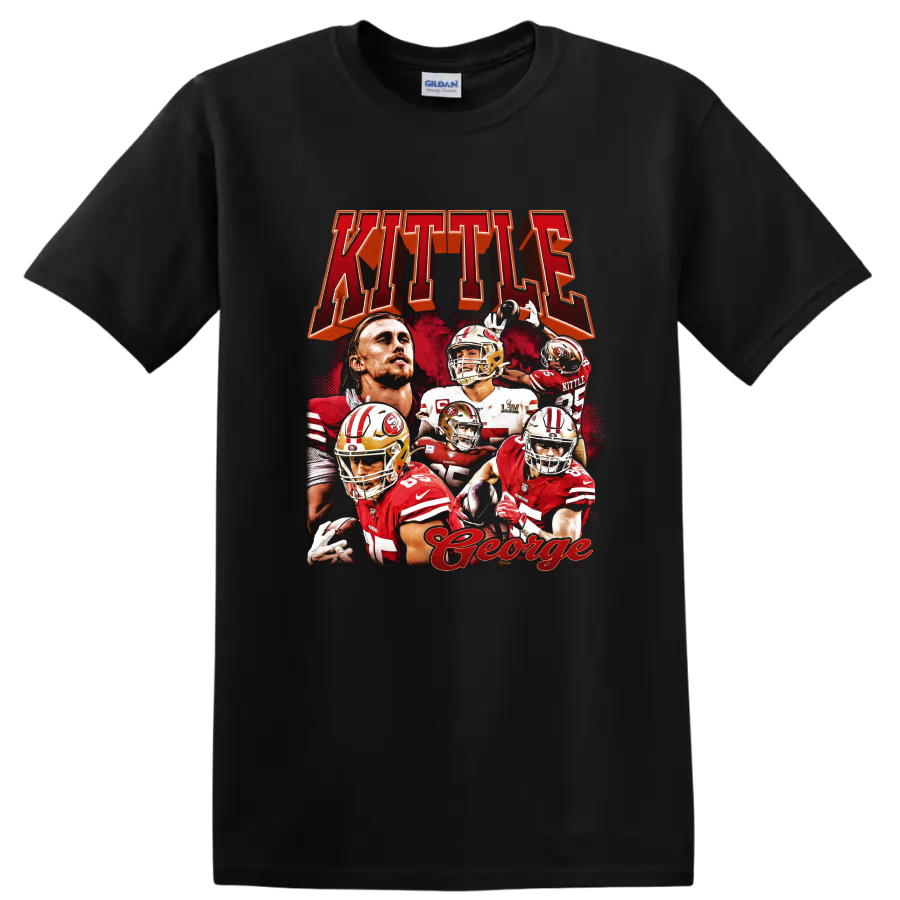 George Kittle San Francisco 49ers red and gold football action collage with KITTLE text on a Black T Shirt