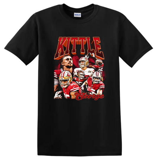 George Kittle San Francisco 49ers red and gold football action collage with KITTLE text on a Black T Shirt