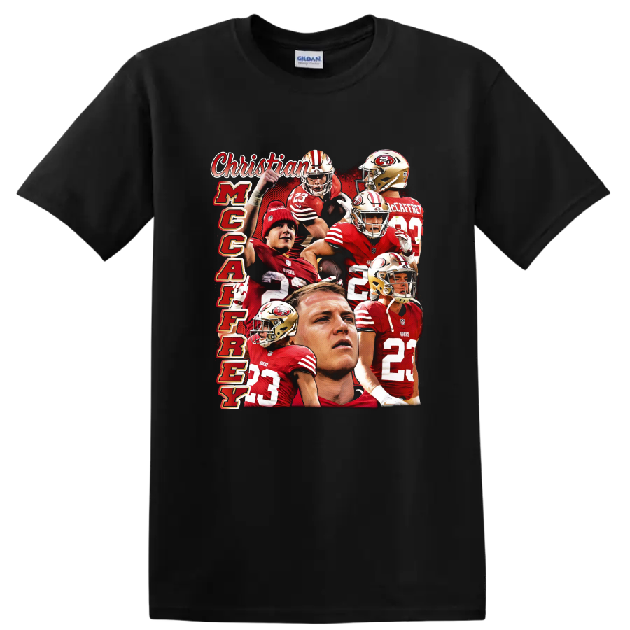 Christian McCaffrey 49ers number 23 action collage with vertical McCaffrey text on a Black T Shirt