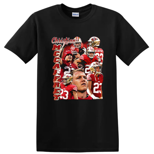 Christian McCaffrey 49ers number 23 action collage with vertical McCaffrey text on a Black T Shirt