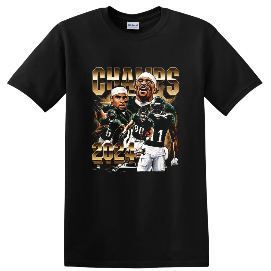 Jalen Hurts Philadelphia Eagles 2024 action portrait collage with CHAMPS lettering on a Black T Shirt