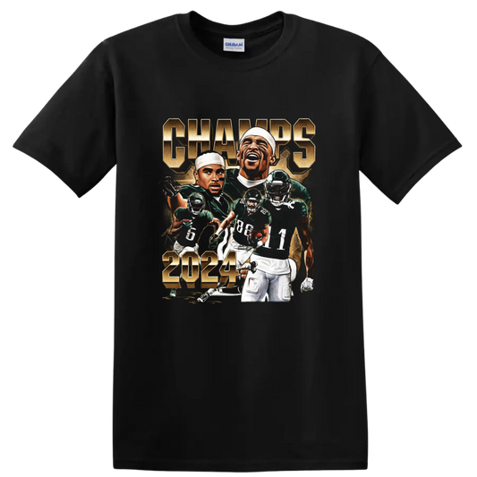 Jalen Hurts Philadelphia Eagles 2024 action portrait collage with CHAMPS lettering on a Black T Shirt