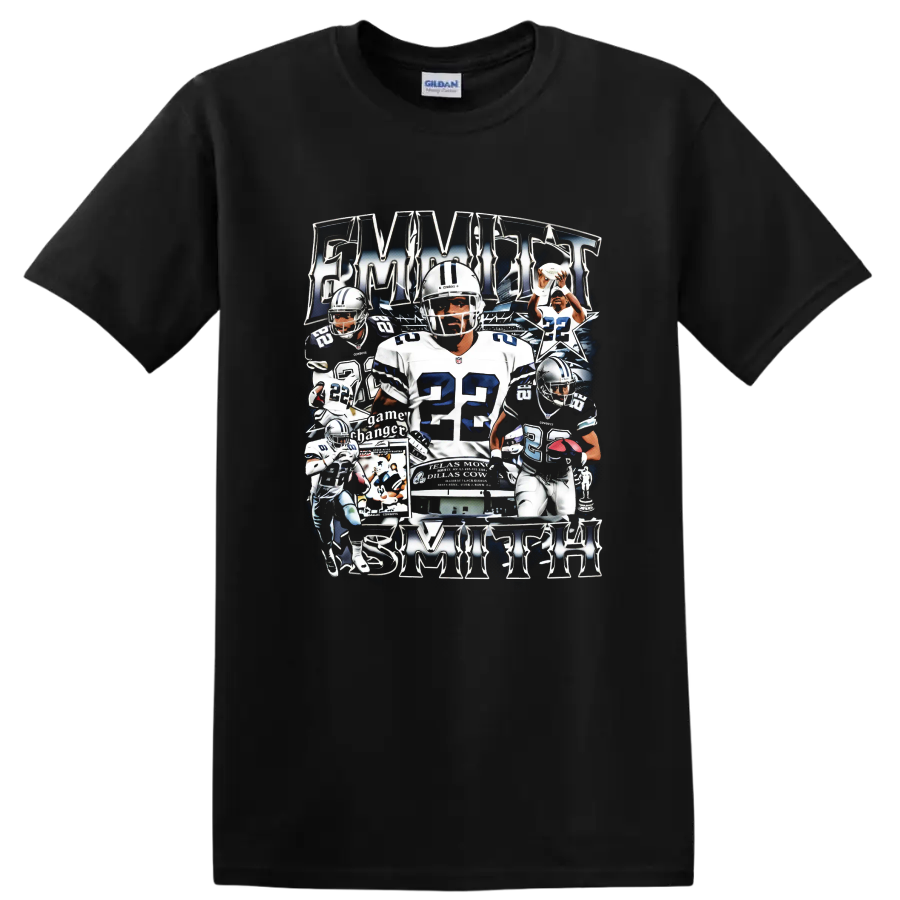 Emmitt Smith Dallas Cowboys number 22 football action collage with metallic lettering on a Black T Shirt