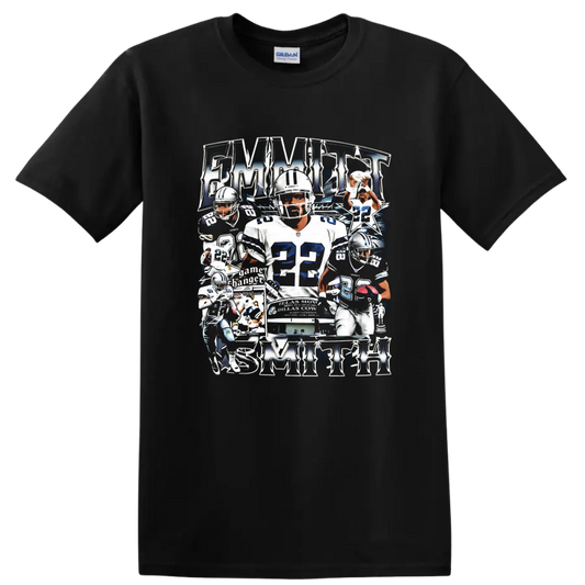 Emmitt Smith Dallas Cowboys number 22 football action collage with metallic lettering on a Black T Shirt
