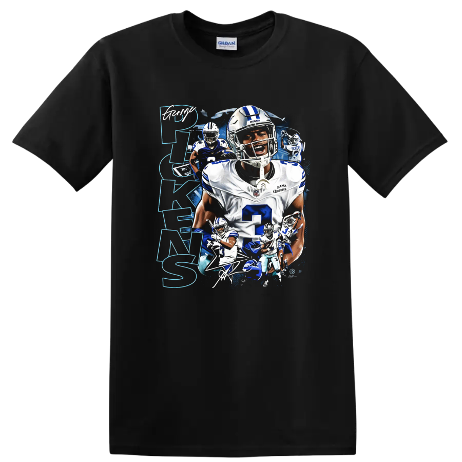 Dak Prescott Dallas Cowboys quarterback action collage with blue splatter and vertical on a Black T Shirt