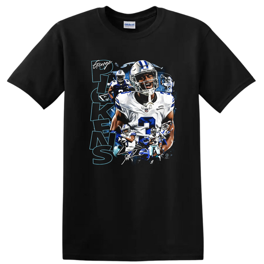 Dak Prescott Dallas Cowboys quarterback action collage with blue splatter and vertical on a Black T Shirt