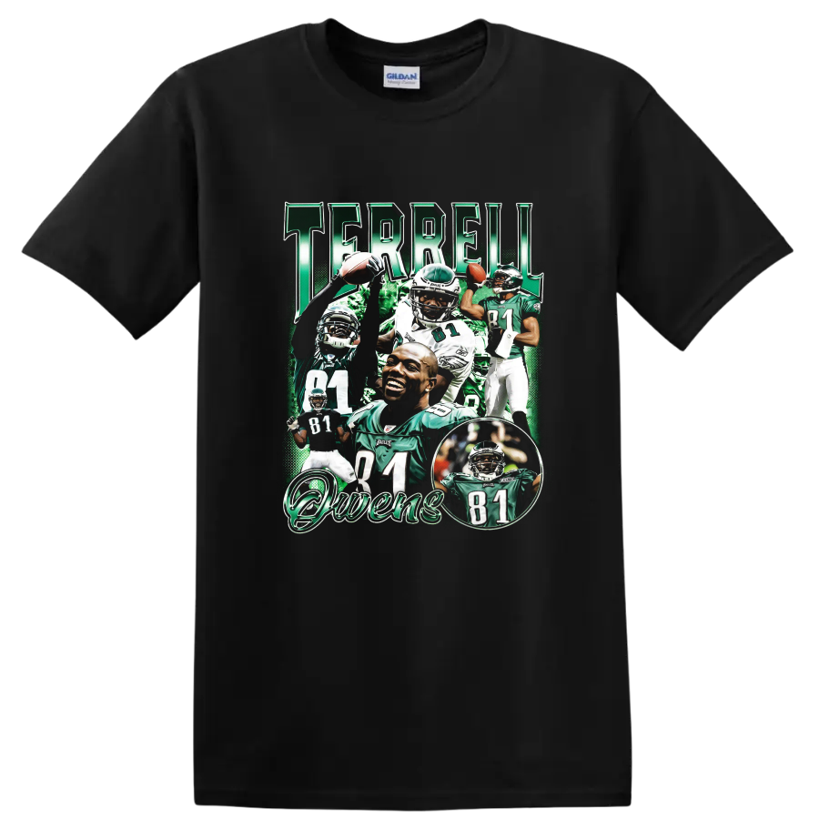 Terrell Owens Philadelphia Eagles number 81 football collage with TERRELL and Owens text on a Black T Shirt