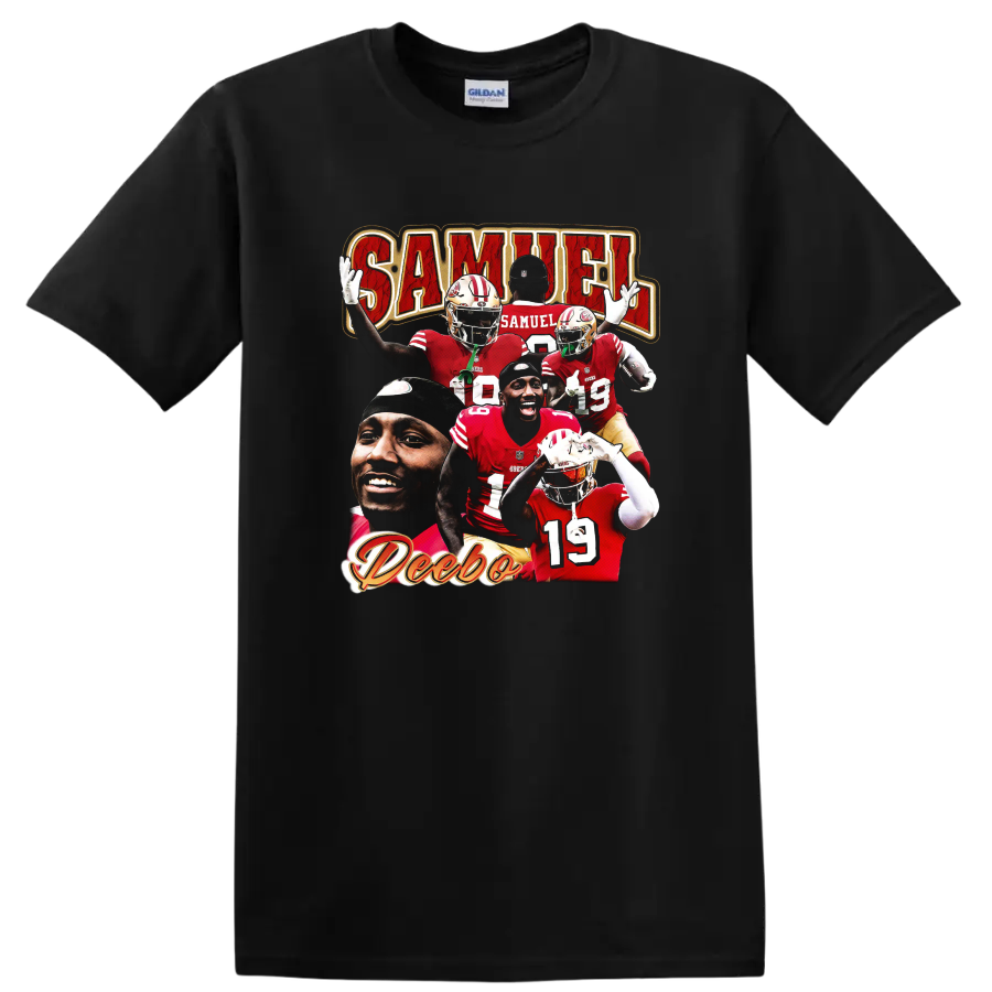 Deebo Samuel San Francisco 49ers football player collage with SAMUEL lettering on a Black T Shirt