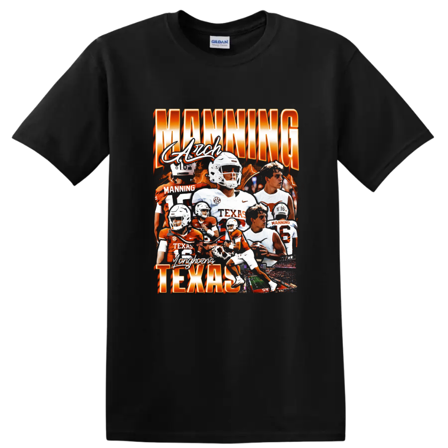 Arch Manning Texas Longhorns football collage with orange lettering and action scenes on a Black T Shirt