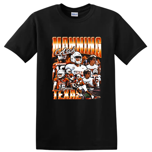 Arch Manning Texas Longhorns football collage with orange lettering and action scenes on a Black T Shirt