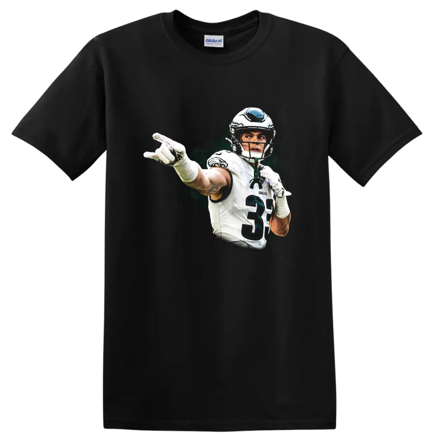 Troy Polamalu football player action illustration with a distressed dark green backdrop on a Black T Shirt