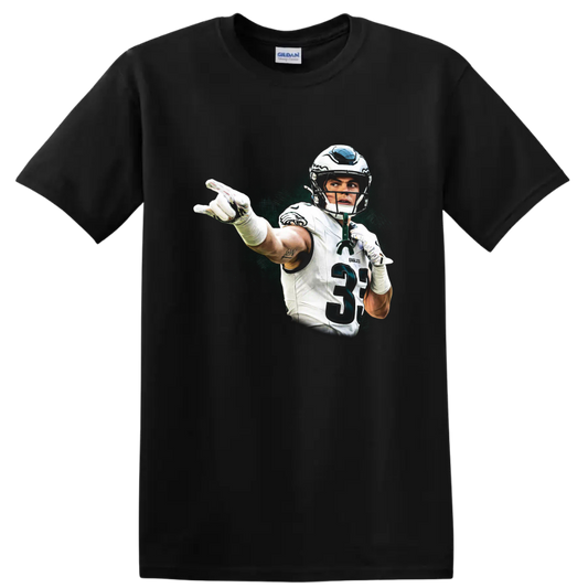 Troy Polamalu football player action illustration with a distressed dark green backdrop on a Black T Shirt