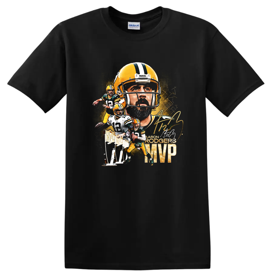 Aaron Rodgers Packers quarterback collage with helmet portrait, action poses, MVP text on a Black T Shirt