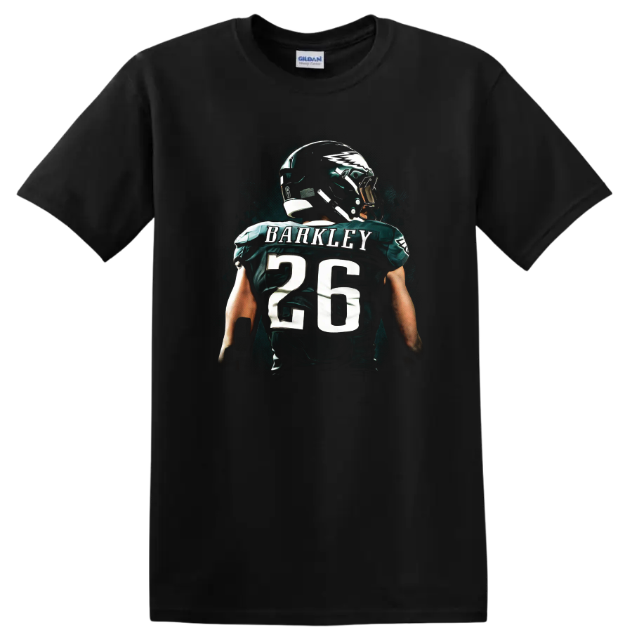 Saquon Barkley number 26 football jersey art with helmet and teal splatter backdrop on a Black T Shirt