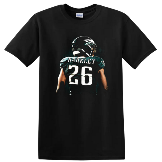 Saquon Barkley number 26 football jersey art with helmet and teal splatter backdrop on a Black T Shirt