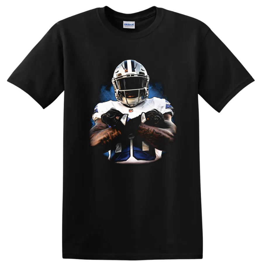 Trevon Diggs Dallas Cowboys helmeted football portrait with blue halftone effects on a Black T Shirt