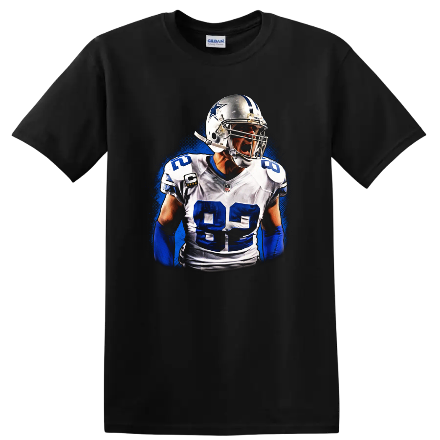 Dez Bryant Dallas Cowboys No. 88 football player portrait with electric blue action on a Black T Shirt