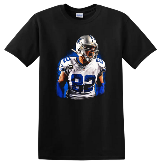 Dez Bryant Dallas Cowboys No. 88 football player portrait with electric blue action on a Black T Shirt