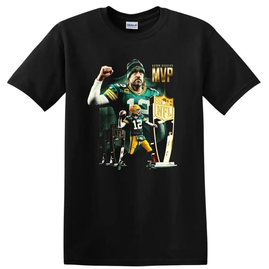 Aaron Rodgers Packers MVP football tribute with number 12, trophies, and bold artwork on a Black T Shirt