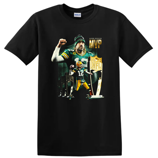 Aaron Rodgers Packers MVP football tribute with number 12, trophies, and bold artwork on a Black T Shirt