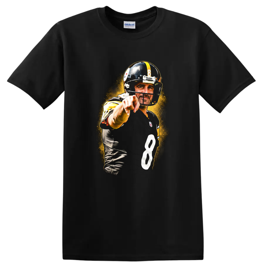 Ben Roethlisberger Steelers No. 8 pointing football graphic with golden halftone burst on a Black T Shirt