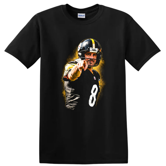 Ben Roethlisberger Steelers No. 8 pointing football graphic with golden halftone burst on a Black T Shirt