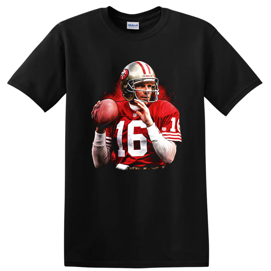 Joe Montana 49ers quarterback action portrait with football and red illustrated backdrop on a Black T Shirt