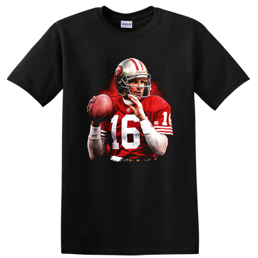 Joe Montana 49ers quarterback action portrait with football and red illustrated backdrop on a Black T Shirt