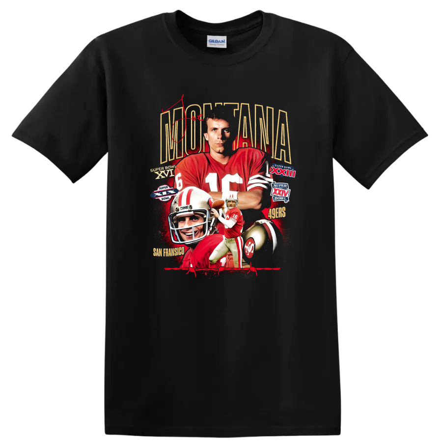 Joe Montana 49ers retro football collage with Super Bowl numerals and helmet on a Black T Shirt