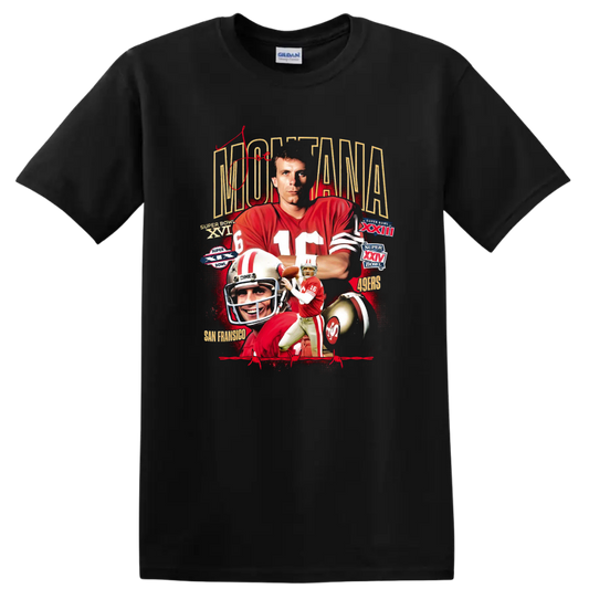 Joe Montana 49ers retro football collage with Super Bowl numerals and helmet on a Black T Shirt