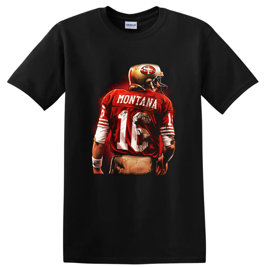Joe Montana 49ers number 16 football player in distressed retro red artwork on a Black T Shirt