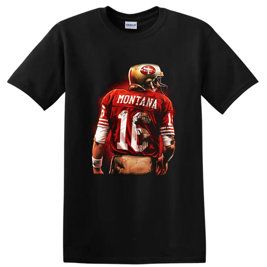 Joe Montana 49ers number 16 football player in distressed retro red artwork on a Black T Shirt
