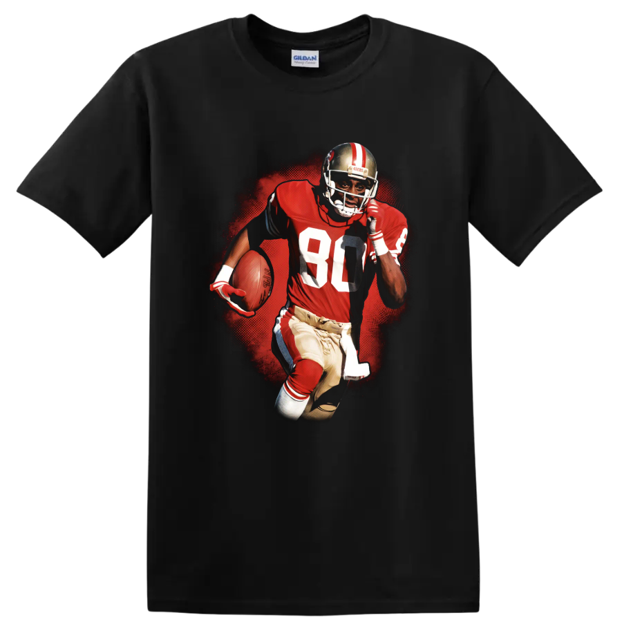 Jerry Rice 49ers number 80 action football graphic with red halftone backdrop on a Black T Shirt
