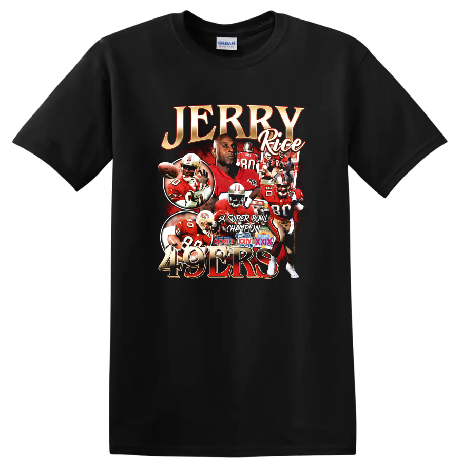 Jerry Rice 49ers football collage with number 80 action scenes and championship emblems on a Black T Shirt