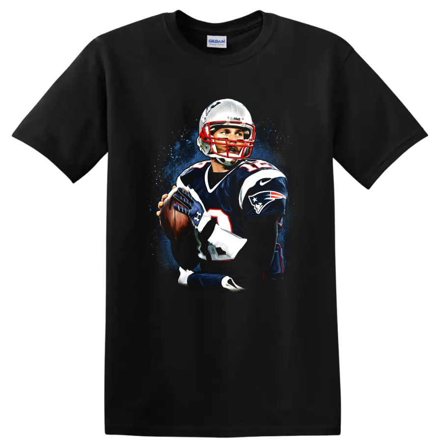 Tom Brady New England Patriots quarterback portrait with blue paint-splash backdrop on a Black T Shirt