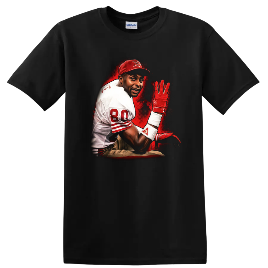 Jerry Rice 49ers-inspired football action portrait with red sports-poster splatter art on a Black T Shirt