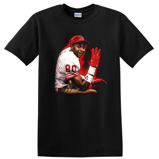 Jerry Rice 49ers-inspired football action portrait with red sports-poster splatter art on a Black T Shirt