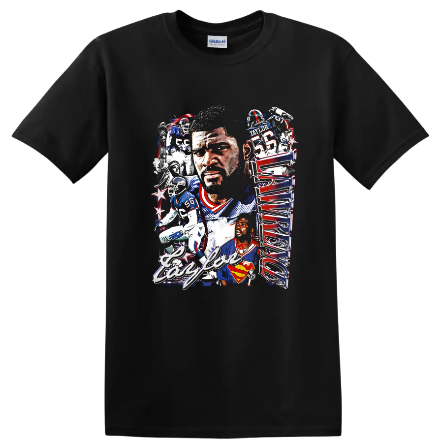 Lawrence Taylor New York Giants football portrait collage with number 56 action scenes on a Black T Shirt