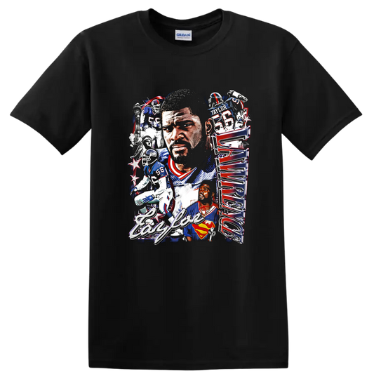 Lawrence Taylor New York Giants football portrait collage with number 56 action scenes on a Black T Shirt