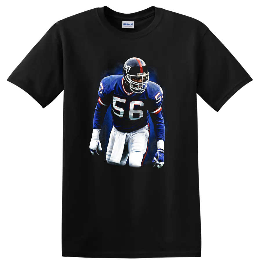Lawrence Taylor number 56 New York Giants linebacker graphic with blue textured backdrop on a Black T Shirt