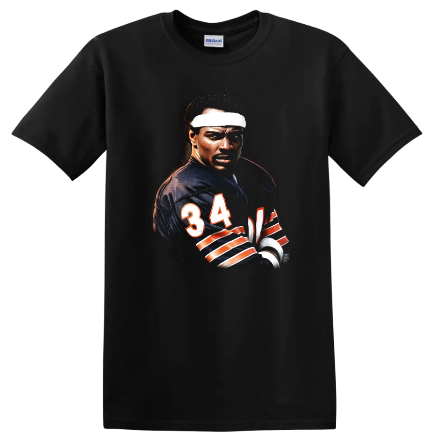 Walter Payton Chicago Bears number 34 football portrait in dramatic painterly style on a Black T Shirt