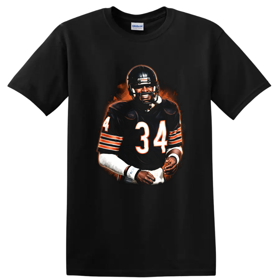 Walter Payton No. 34 football portrait with orange halftone background on a Black T Shirt