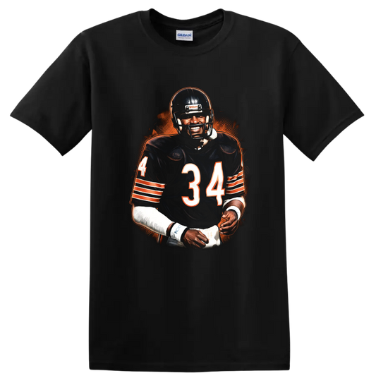 Walter Payton No. 34 football portrait with orange halftone background on a Black T Shirt